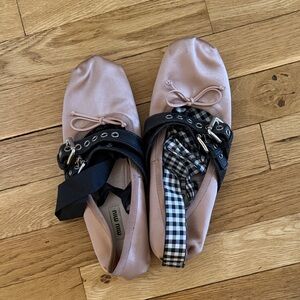 Miu Miu Pink and Black Flats with Gingham Detail
